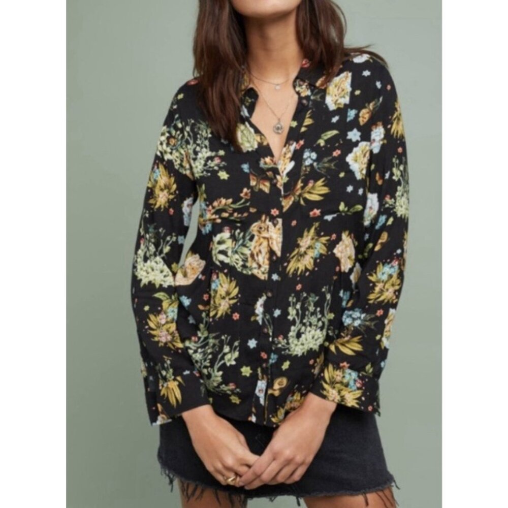 MAEVE Anthropologie Blouse Whimsy Floral Size 6 Button Rabbit Butterfly Black